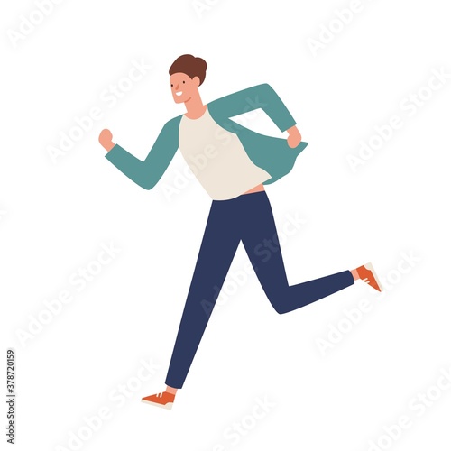 Smiling casual man running away vector flat illustration. Happy young guy hustle or hurry isolated on white background. Funny active male moving fast. Excited person move in rush