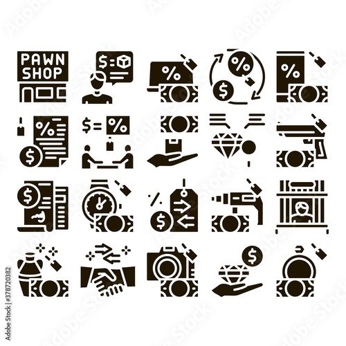 Pawnshop Exchange Glyph Set Vector. Pawnshop Building And Handshake, Laptop And Phone, Photo Camera And Jewelry Stone Glyph Pictograms Black Illustrations
