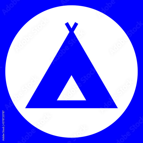 Blue tent or camping sign or symbol inside of a white circle set against a blue background