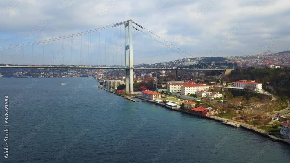 The Bosphorus Bridge in Istanbul from a bird's eye view. Blue waves of the strait between Europe and Asia in clear weather. The Bosphorus Bridge in Istanbul from a bird's eye view. Blue waves of the strait between Europe and Asia in clear weather.
