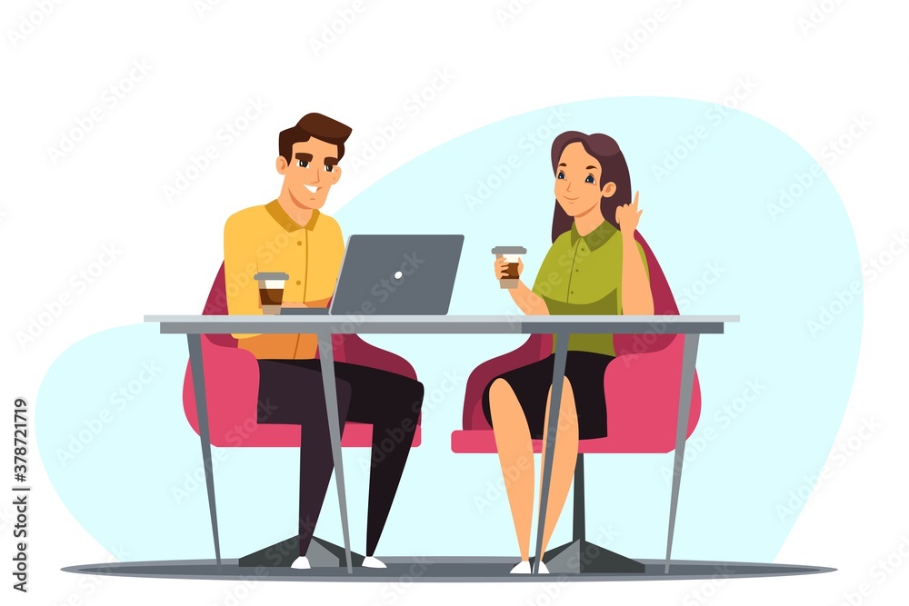 Business meeting discussion. Two happy people working at office vector illustration. Corporate communication, coworking. Man and woman sitting at desk with laptop and coffee, negotiating, studying Business meeting discussion. Two happy people working at office vector illustration. Corporate communication, coworking. Man and woman sitting at desk with laptop and coffee, negotiating, studying