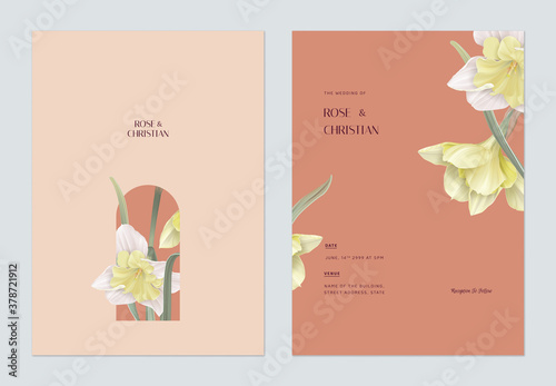 Floral wedding invitation card template design, Daffodil flowers with leaves on red