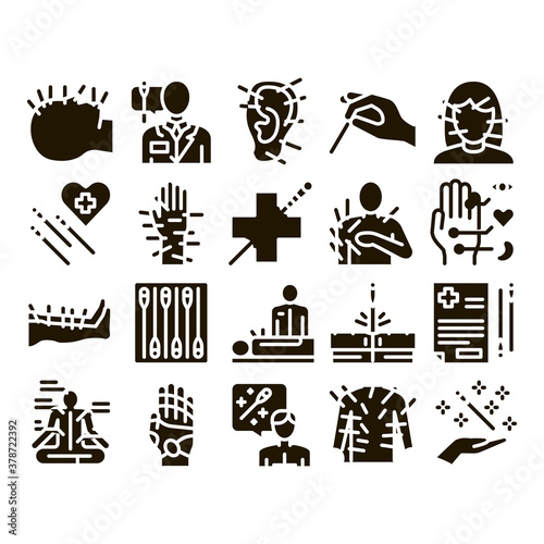 Acupuncture Therapy Glyph Set Vector. Human Head And Hand, Ear, Face And Body Acupuncture, Doctor And Patient, Needles Tool Glyph Pictograms Black Illustrations