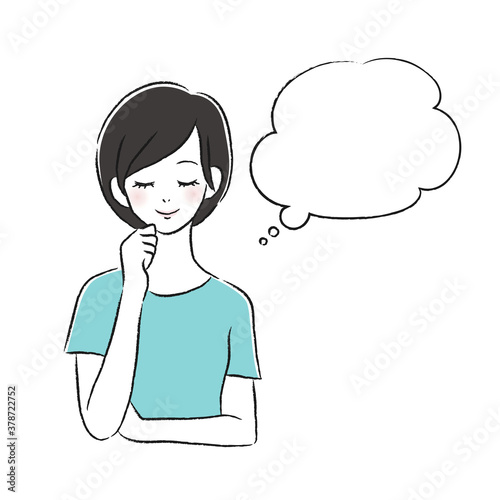 笑顔の女性　考える　吹き出し
