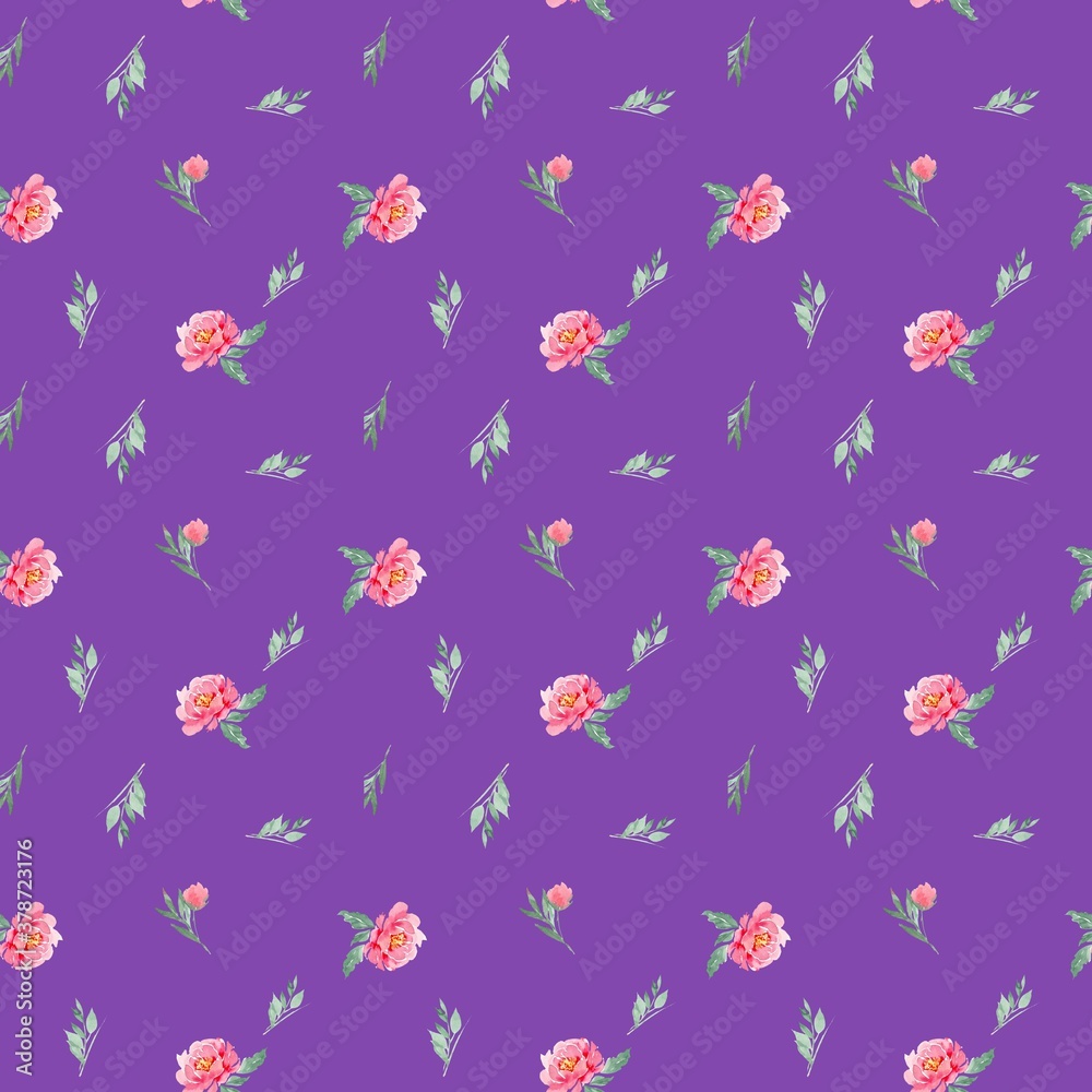 Seamless pattern of watercolor pink peonies on a purple, lilac, lavender background. Can be used for backgrounds, prints on fabric, paper. Seamless pattern of watercolor pink peonies on a purple, lilac, lavender background. Can be used for backgrounds, prints on fabric, paper.