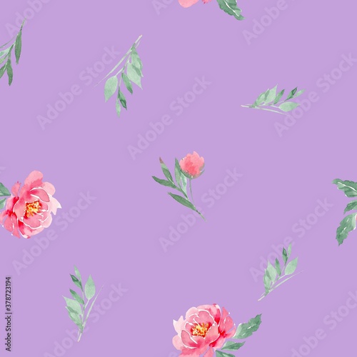 Seamless pattern of watercolor pink peonies on a purple, lilac, lavender background. Can be used for backgrounds, prints on fabric, paper.