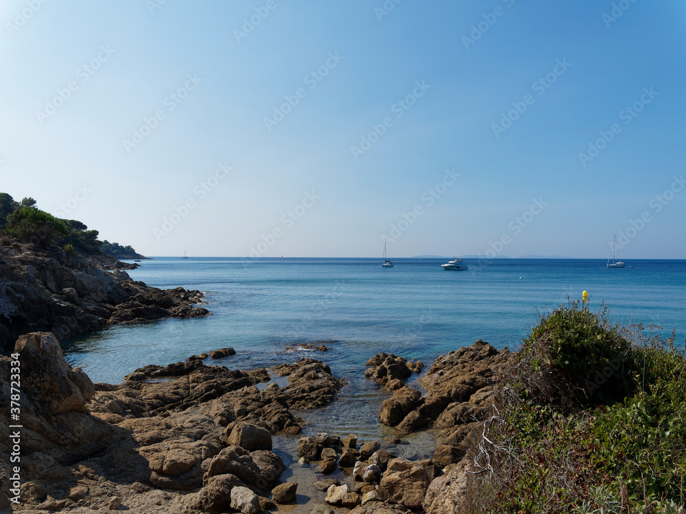 View of the Mediterranean Sea along the national park of Cap Lardier between La Croix Valmer and Saint-Tropez in French Riviera 