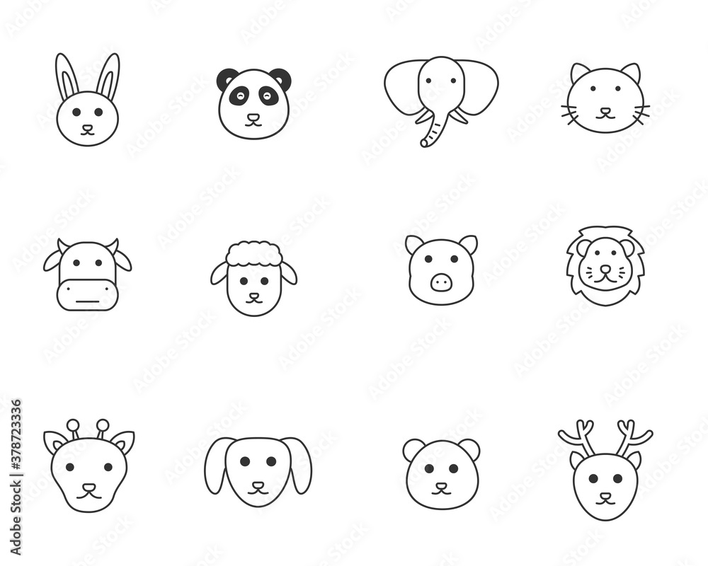 Set of animals face vector illustration with simple black line style isolated on white background. Animal icons 