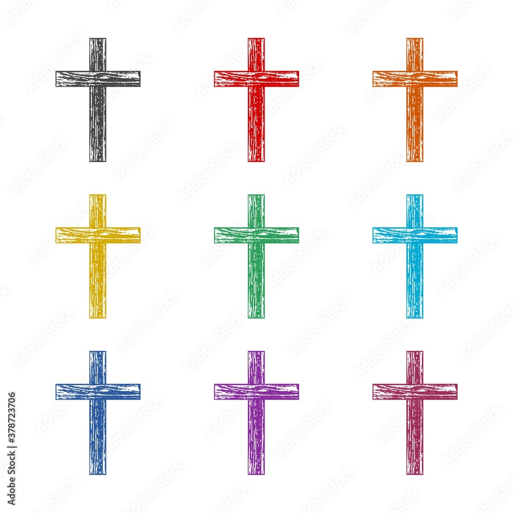 Christian wooden cross icon, color set