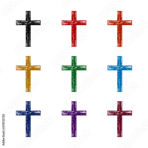 Christian wooden cross icon, color set
