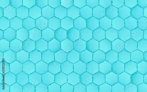 Abstract cyan hexagon background; honeycomb pattern seen thru water; medium light shade of cyan; flat lay, top view; 3d rendering, 3d illustration