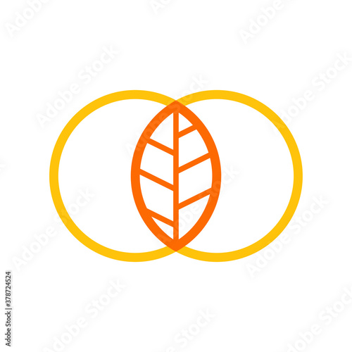 Concepto temporada de otoño. Logotipo lineal hoja de árbol abstracto formada por dos círculos en color naranja