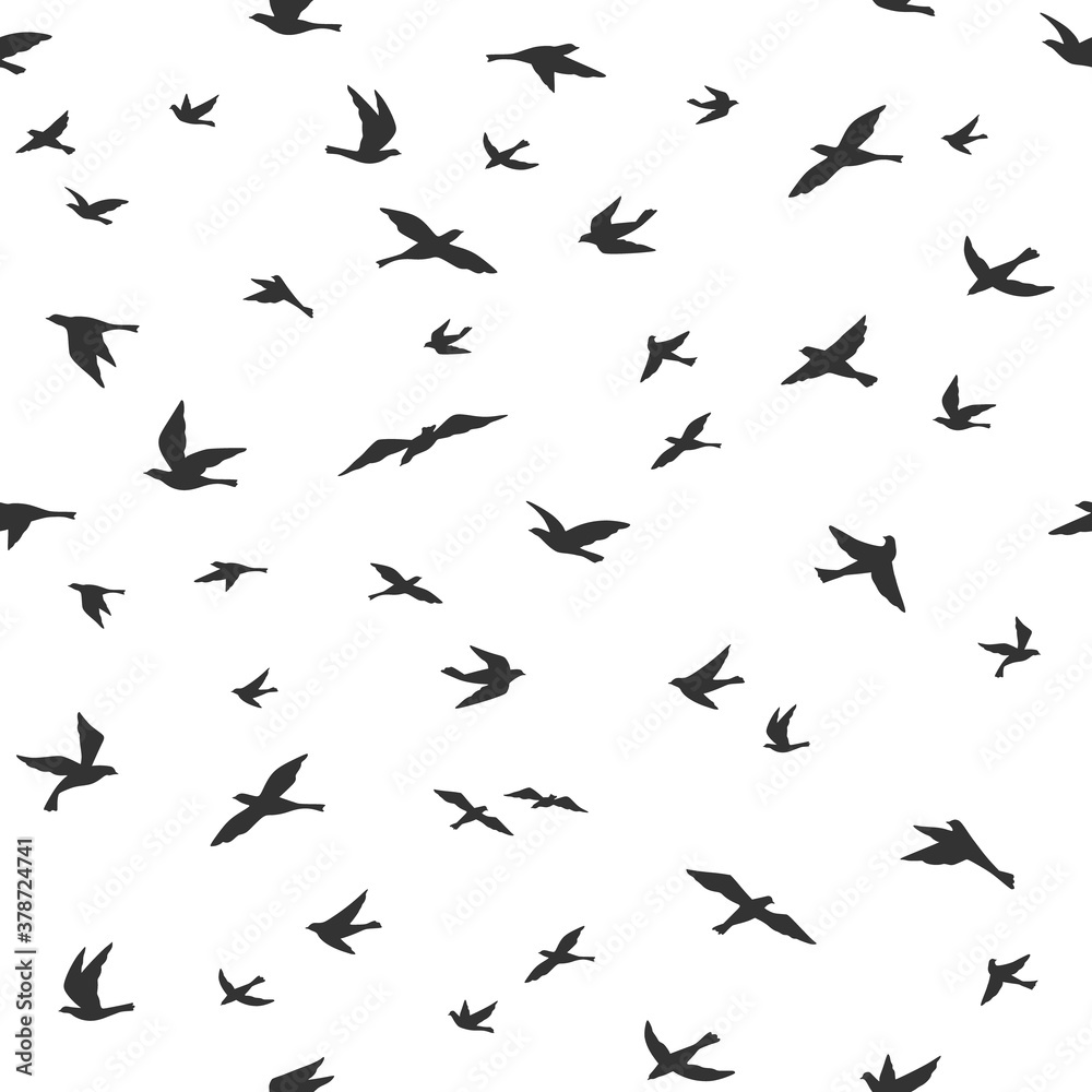 Flying bird seamless pattern. Drawing birds flock flying, abstract aerial black silhouettes in sky, print textile, wallpaper vector texture. Doves or pigeons migration, animal wildlife Flying bird seamless pattern. Drawing birds flock flying, abstract aerial black silhouettes in sky, print textile, wallpaper vector texture. Doves or pigeons migration, animal wildlife