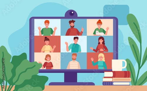 Video conferencing. Computer screen with group colleagues, virtual work meeting. Online discussion, remote management cartoon vector concept. Internet distant communication with coworkers
