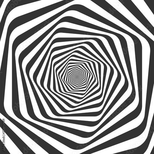 Swirl silhouette. Geometric whirl and rotating stripes with hypnotic effect. Waves and curves in deceptive motion. Optical illusion with radial black and white rays vector illustration