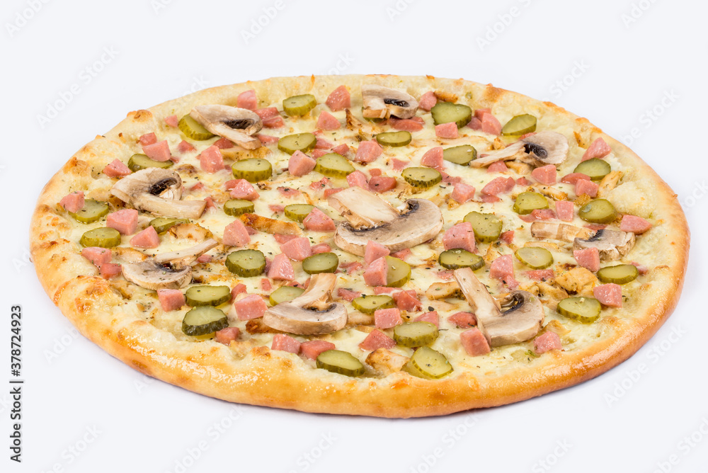 Pizza with mushrooms, pickles, sausage on a white plate