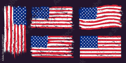 USA american grunge flag. US flags graphic design with stars and stripes and grunge texture. T-shirt print, wallpaper design vector set. USA national flag for holiday celebration illustration