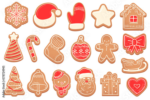 Gingerbread. Christmas cookies new years bell, xmas tree, snowflakes and star, santa and snowman, gingerbread man and house vector set. Biscuits in form of gift box, heart, mitten and bow
