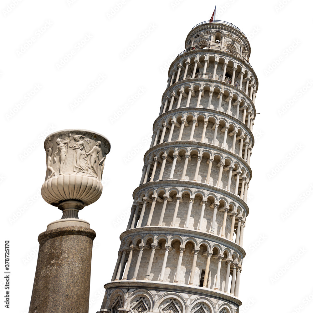 Leaning Tower of Pisa and the Vase of the Talent (Vaso del Talento, Italian). Isolated on white background, Square of Miracles (Piazza dei Miracoli), UNESCO world heritage site, Tuscany, Italy, Europe