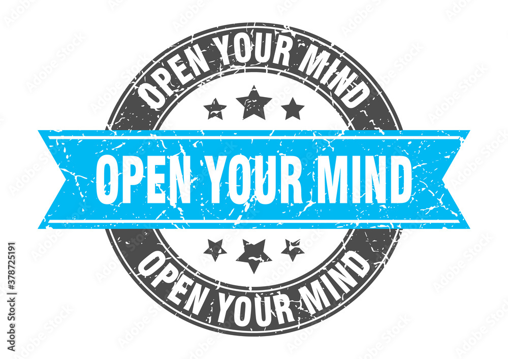open your mind round stamp with ribbon. label sign open your mind round stamp with ribbon. label sign