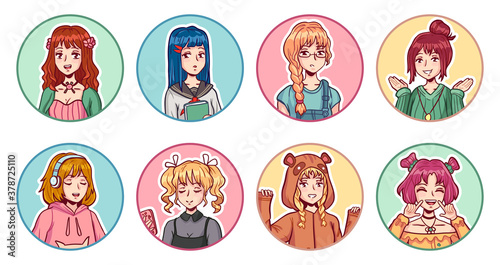 Anime girls avatars. Color portraits cute manga female teens in various clothes with different emotional expressions stickers vector set. Characters with various hairstyle and costumes