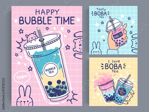 Bubble tea banner. Famous drink asian bubble tea, taiwanese green or fruit tea with balls in plastic cups, pearl milk tea flyer, promo vector poster. Tasty boba drink in take away mug