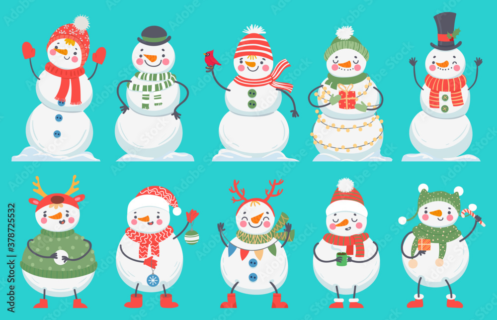 Snowman. Cute christmas snowmen in winter clothes, hats and scarf. Happy xmas vector cartoon characters with gift boxes, new year decoration as balls, colorful flags, coffee cup and candy cane