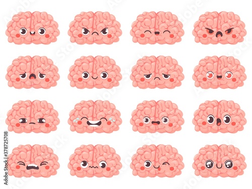 Brain emoticons. Cute brains characters with different face expression. Happy and angry, whink and sad, creative avatar cartoon vector set. Funny faces laughing and crying, surprised emotion