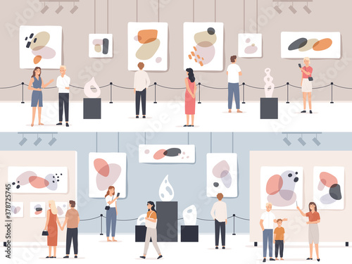 People in museum. Visitors in art gallery looking exposition artwork, paintings and sculptures, tourists in cultural center vector concept. Guide giving excursion, girl taking photo