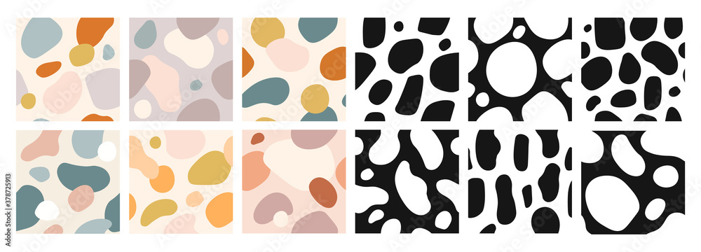Obraz Organic shapes seamless pattern. Abstract art color watercolor paint blobs. Expressive vector wallpaper modern textures set. Colorful, black and white forms collection. Pastel color blotches