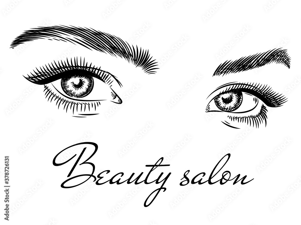 Female eyes. Beauty salon poster art design with beautiful woman eyes,  eyelashes and eyebrow, fashion makeup hand drawn vector concept. Logo for  studio with elegant look with long lashes on white Stock-Vektorgrafik