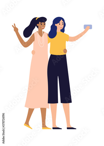 Girlfriends posing for photo on smartphone. Women taking selfie using mobile phone. Beautiful characters in elegant outfit spending time together taking photographs on gadget or device