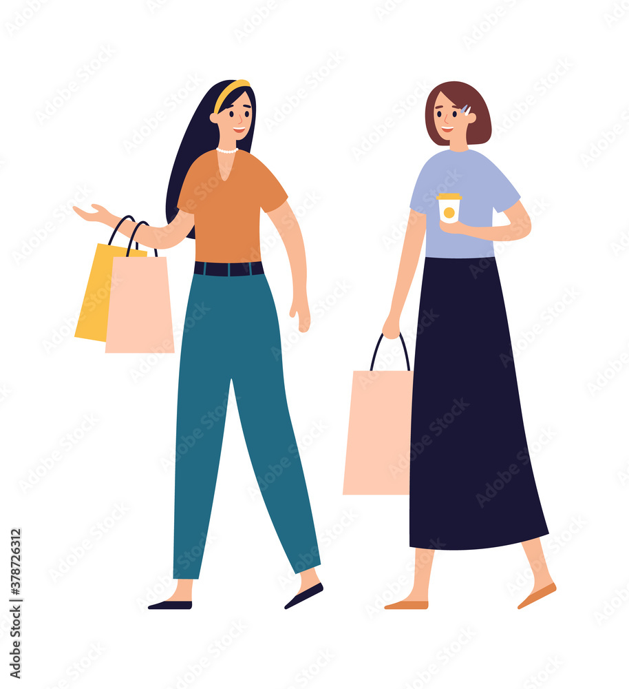 Women friends shopping together. Girls talking and walking with shopping bags and drinking coffee in paper cup. Buying clothes, characters spending leisure time vector illustration Women friends shopping together. Girls talking and walking with shopping bags and drinking coffee in paper cup. Buying clothes, characters spending leisure time vector illustration