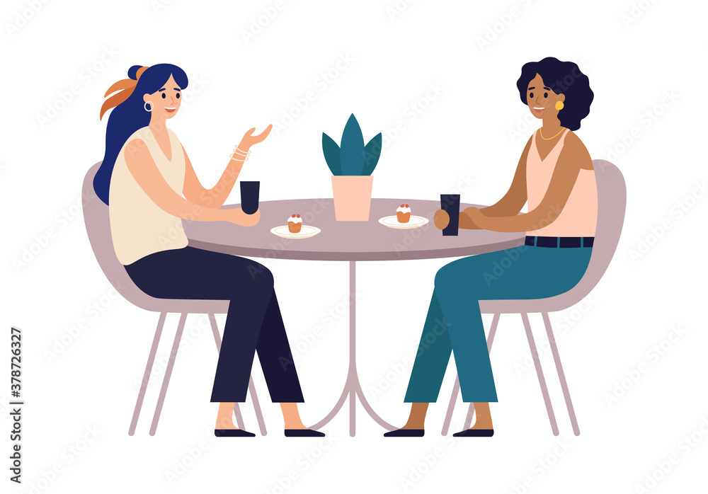 Women friends. Cafe meeting with friends. Girls sitting in restaurant at table and communicating. Characters drinking coffee and eating cupcakes. Spending leisure vector illustration