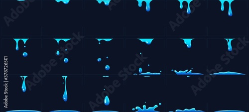 Dripping water animation, water splashes for game development. Dropping liquid in frames for cartoon. Blue fluid droplets, falling clear aqua elements forming puddles collection vector illustration