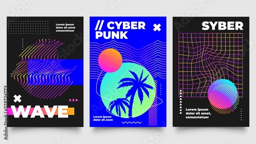 Cyberpunk poster. Futuristic background with summer sunset and palm trees in circle frame. Striped figures and geometric shapes for music album cover, event vector illustration set