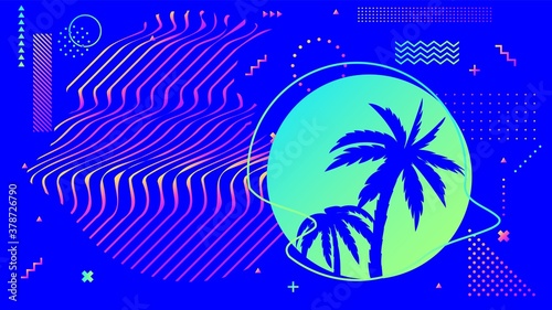 Cyberpunk bright blue background with palm trees in circle frame with wavy lines or stripes. Synthwave or retrowave style of 80s or 90s with dots, zigzags and shapes vector illustration