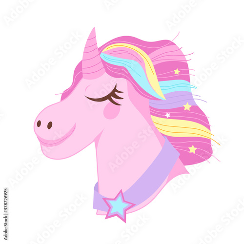 Unicorn with rainbow hair cartoon color icon  flat vector illustration isolated on white. Head of unicorn fantasy horse for stickers or children clothing prints.