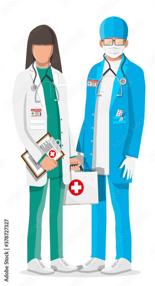 Two doctors in coat with stethoscope and case. Medical suit with different pills and medical devices in pockets. Healthcare staff, hospital and medical diagnostics. Vector illustration in flat style Two doctors in coat with stethoscope and case. Medical suit with different pills and medical devices in pockets. Healthcare staff, hospital and medical diagnostics. Vector illustration in flat style