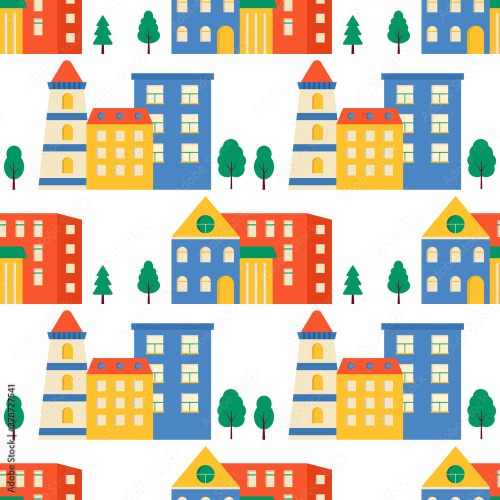 Seamless pattern houses and streets, roofs of building. Cute cityscape colorful background for kids textile, wrapping paper, textile design. Vector background with town and trees Seamless pattern houses and streets, roofs of building. Cute cityscape colorful background for kids textile, wrapping paper, textile design. Vector background with town and trees