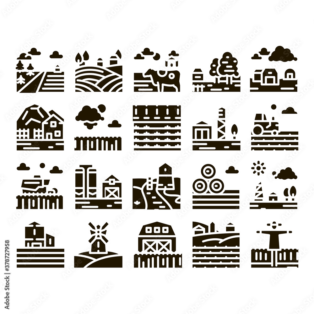 Obraz premium Farming Landscape Glyph Set Vector. Farming Field And Barn Construction, Mill And Scarecrow, Tractor And Cow Farm Animal Glyph Pictograms Black Illustrations