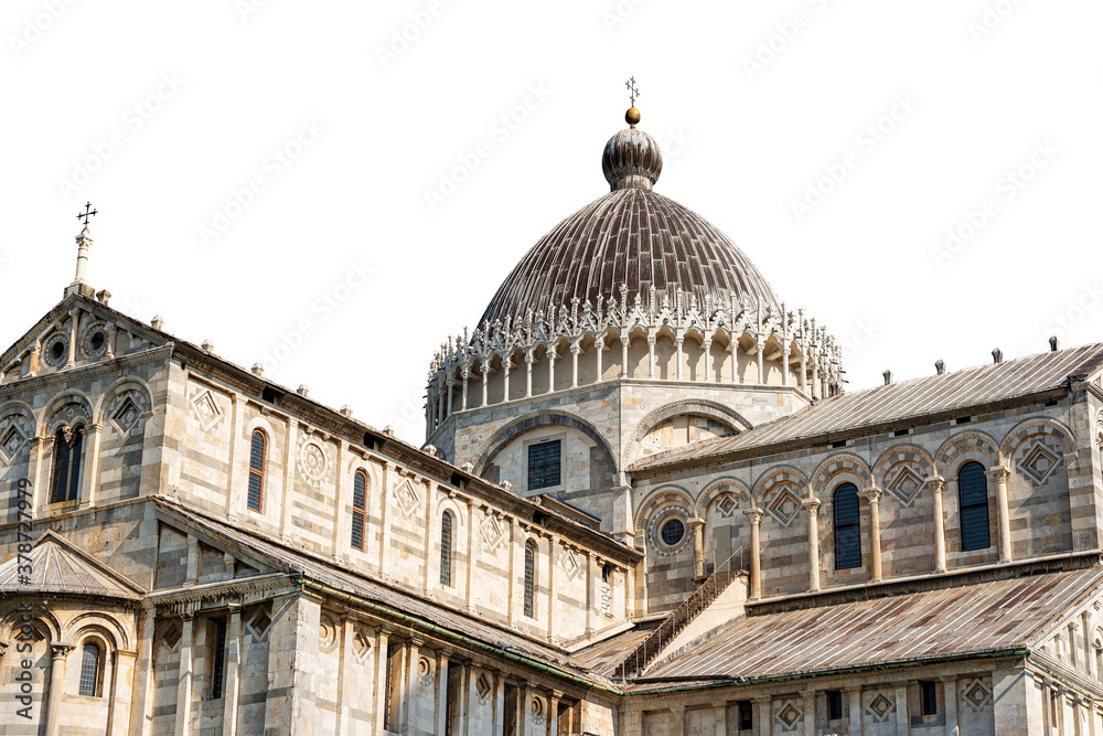 Pisa Cathedral (Duomo of Santa Maria Assunta, 1118), in Pisan Romanesque style, Piazza or Campo dei Miracoli (Square of Miracles). Isolated on white background, Tuscany, Italy, Europe