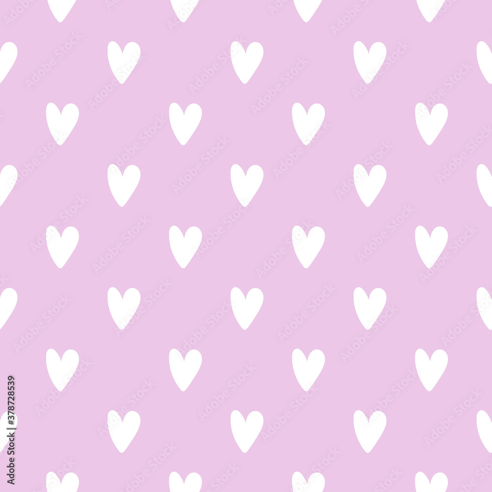 Seamless pattern white doodle hearts on pastel lavender background. Elegant print for fabric textile gift paper scrapbook wallpaper kids clothes nursery decor