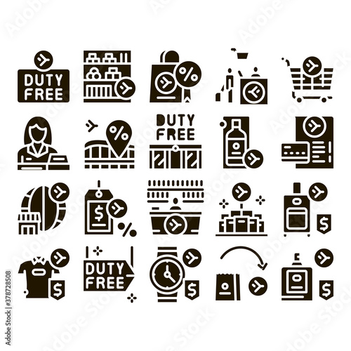 Duty Free Shop Store Glyph Set Vector. Duty Free Nameplate And Product, Bag And Label, Perfume And T-shirt, Credit Card And Cart Glyph Pictograms Black Illustrations