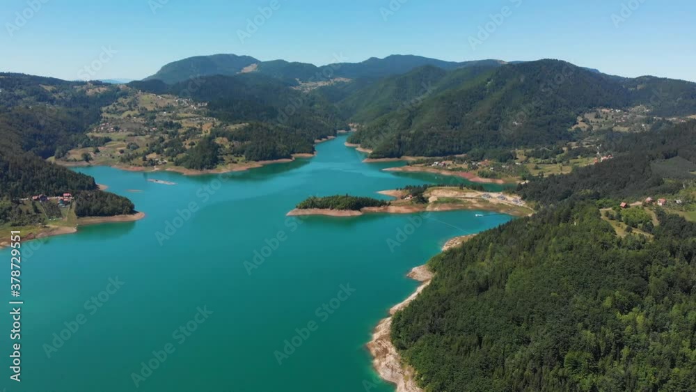 Aerial drone shot over gorgeous Zaovine lake and Tara mountain in Serbia Aerial drone shot over gorgeous Zaovine lake and Tara mountain in Serbia