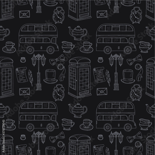 Seamless pattern with british hand drawn icons including teapot, bus and others. Doodle vector UK related collection