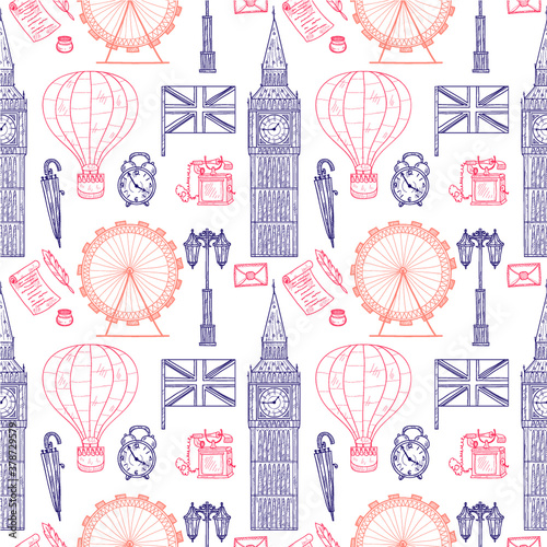 Seamless pattern with Welcome to Great Britain hand drawn icons. Doodle vector United Kingdom related collection
