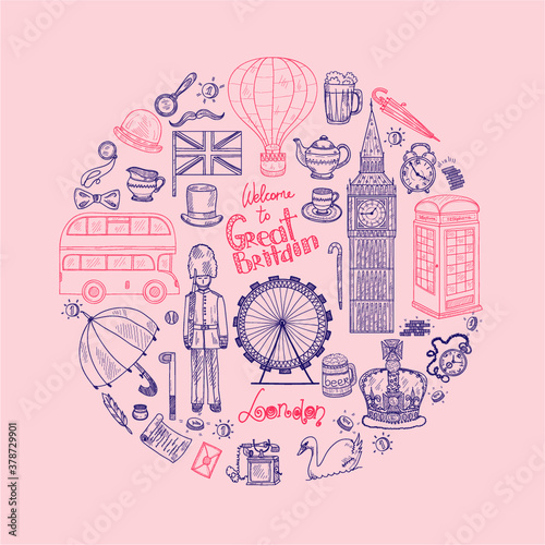 Welcome to Great Britain hand drawn composition with  crown, teapot, bus and others. Doodle vector United Kingdom related collection