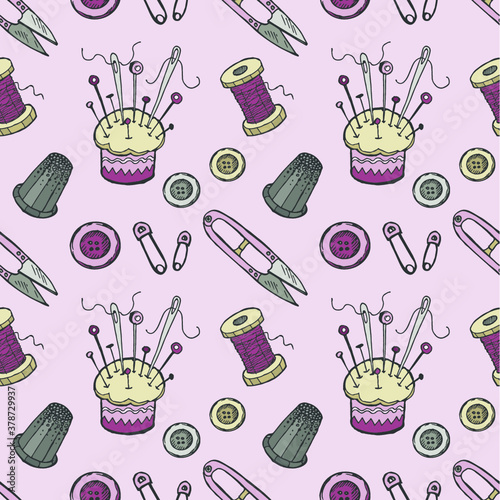 Card template with sewing tools. Vector collection