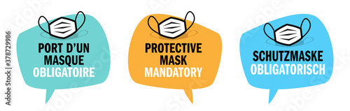 Protective mask mandatory in French, English and German languages